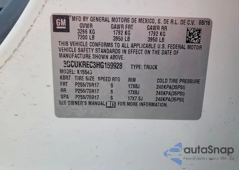 2017 Chevrolet Silverado K1500 Lt из США, поврежденный, VIN 3GCUKREC3HG159928